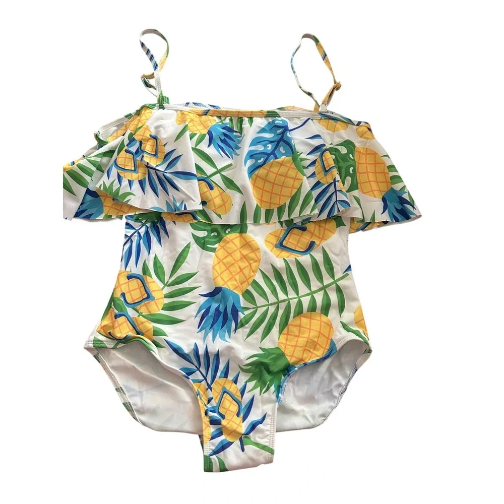 Unbranded Women Tropical Pineapple Ruffle One Piece Swimsuit White Blue Medium